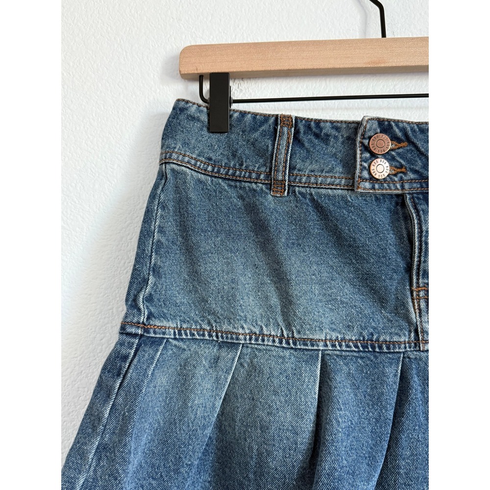 BDG Pleated Denim Mini Skirt Low Rise Blue Cotton Y2K Micro Skirt S Drop Hem - Picture 2 of 7
